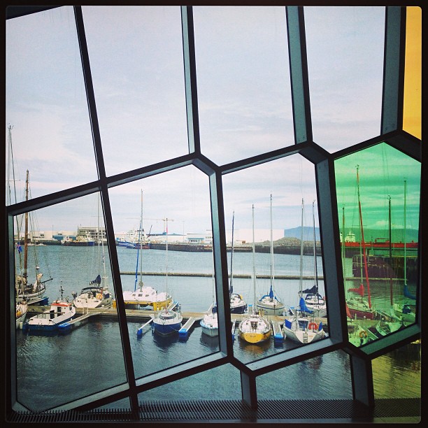 The boat harbor through Harpa's windows
